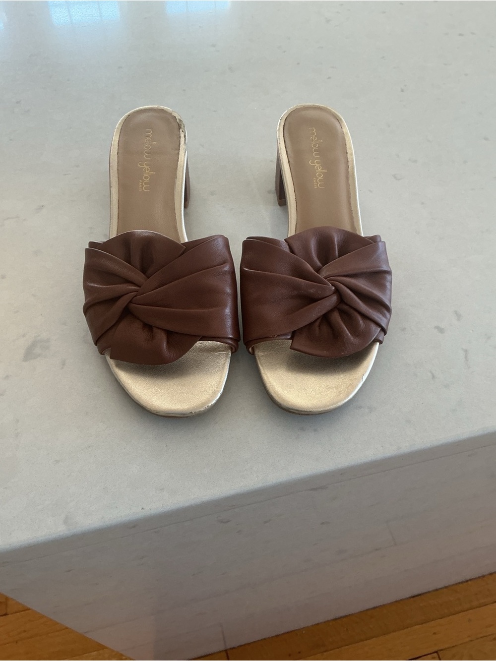 Knotted Slide Mules in Brown by Mellow Yellow